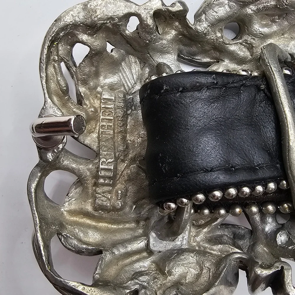 Vintage Fahrenheit‎ NY Wide Black Leather Belt Pewter Buckle 80s Wearable Art